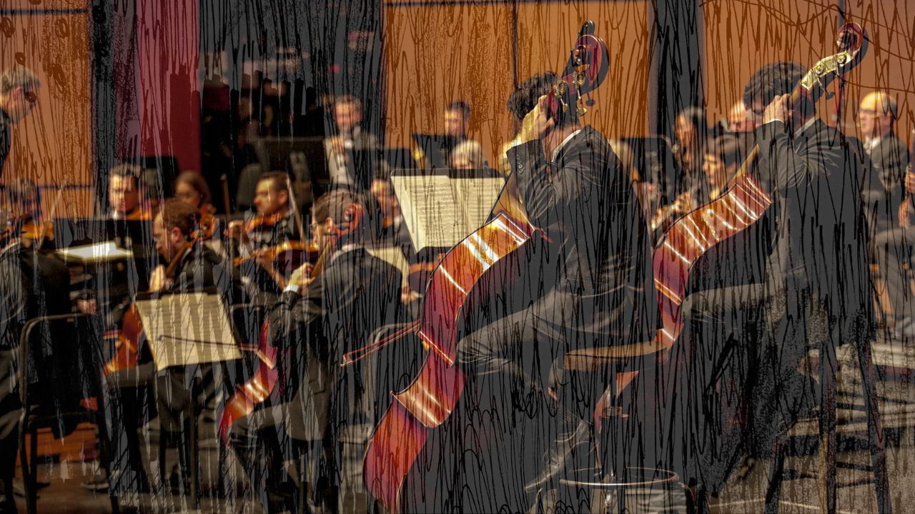Orchestral string section with double basses in front and violins behind, overlaid with sketched lines