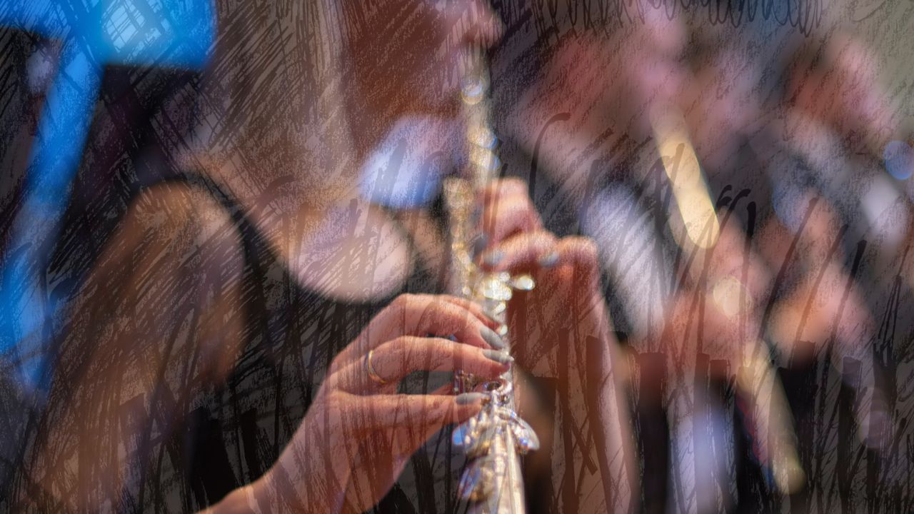 Musician playing a silver woodwind instrument, overlaid with sketched lines