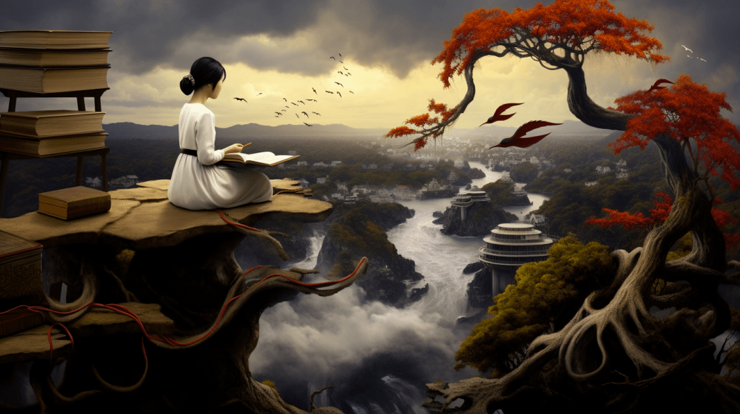 Midjourney image of a woman reading on a cliff edge above a misty river valley with red-leaved trees