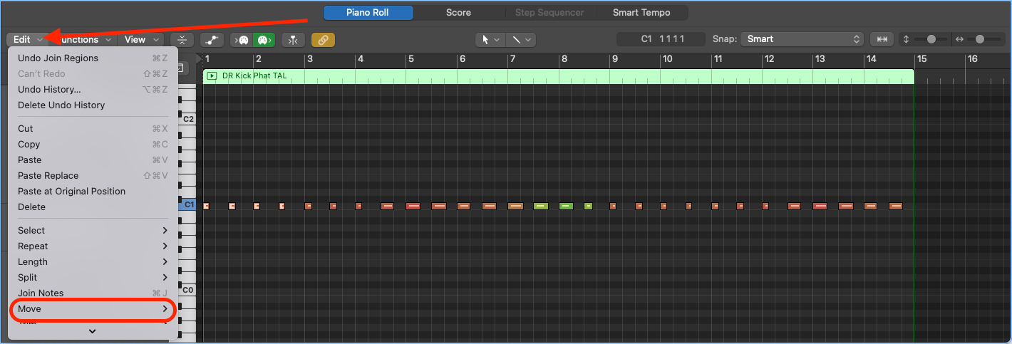 Logic Pro piano roll Edit menu with Move circled for nudging MIDI notes