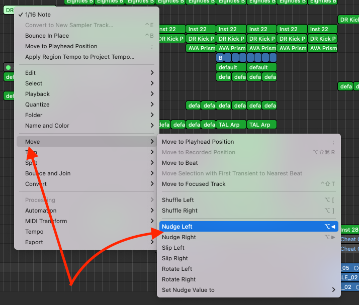 Logic Pro region right-click menu with Move open and Nudge Left highlighted