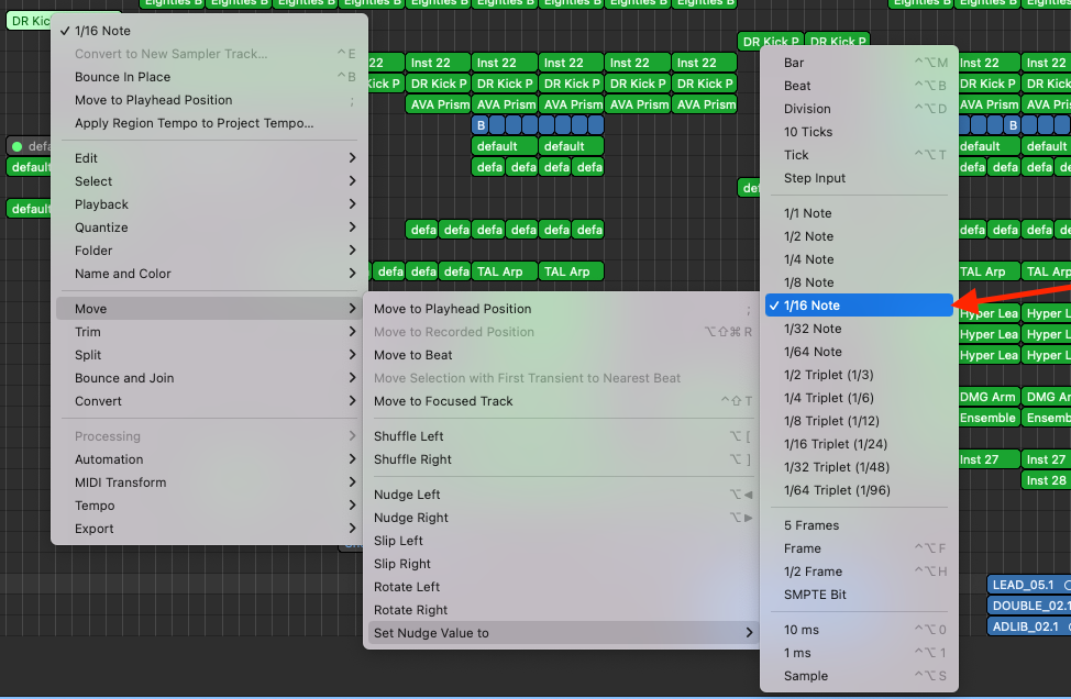 Logic Pro Set Nudge Value to submenu with 1/16 Note selected