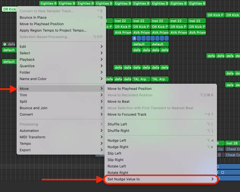 Logic Pro region right-click menu with Move and Set Nudge Value to highlighted