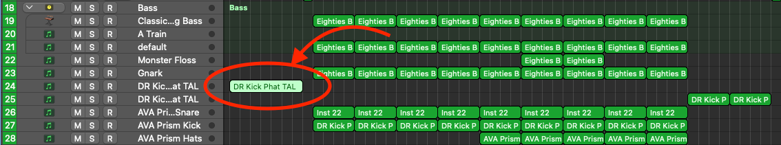 Kick drum MIDI region circled in the Logic Pro arrange window