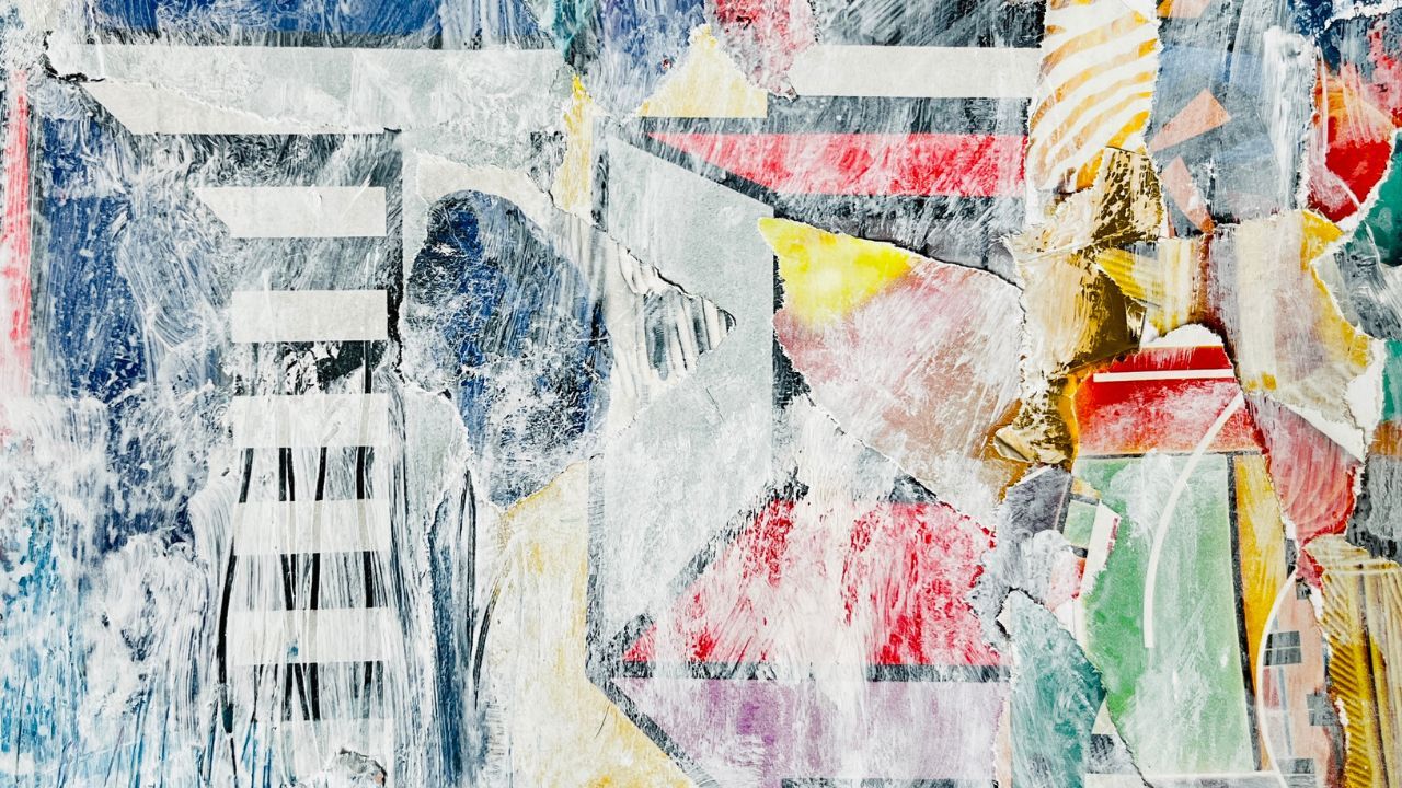 Colourful mixed-media collage of torn paper in red, blue, yellow and green with white painted stripes