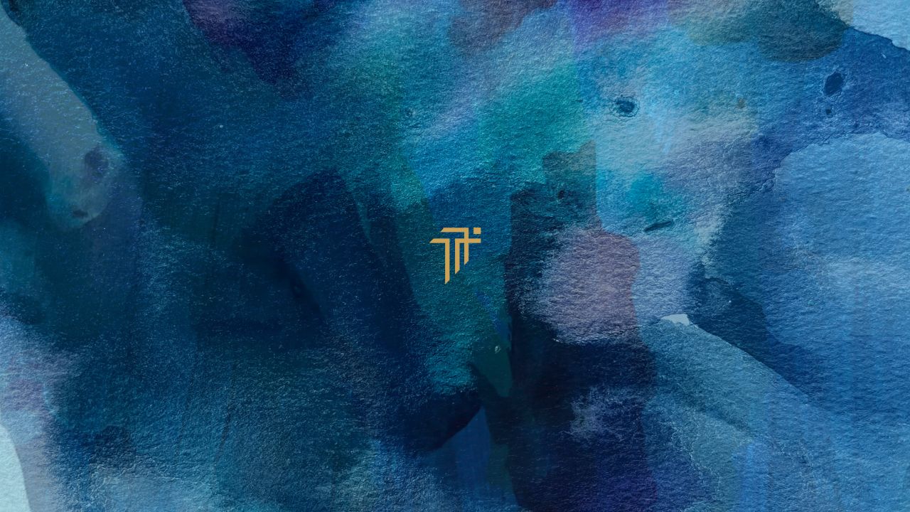 Abstract blue and teal watercolour artwork with the gold Trailer Music School logo in the centre