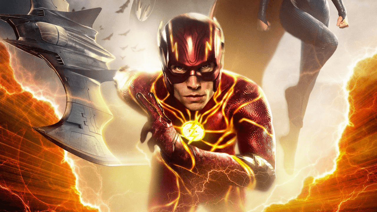 The Flash promotional artwork showing the Flash running through orange lightning with the Batwing behind