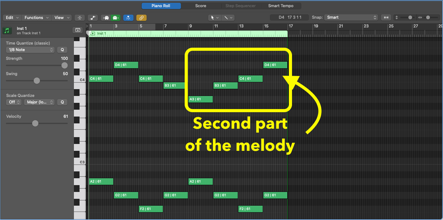Logic Pro piano roll with the second part of the melody, A B C D, highlighted above the bassline
