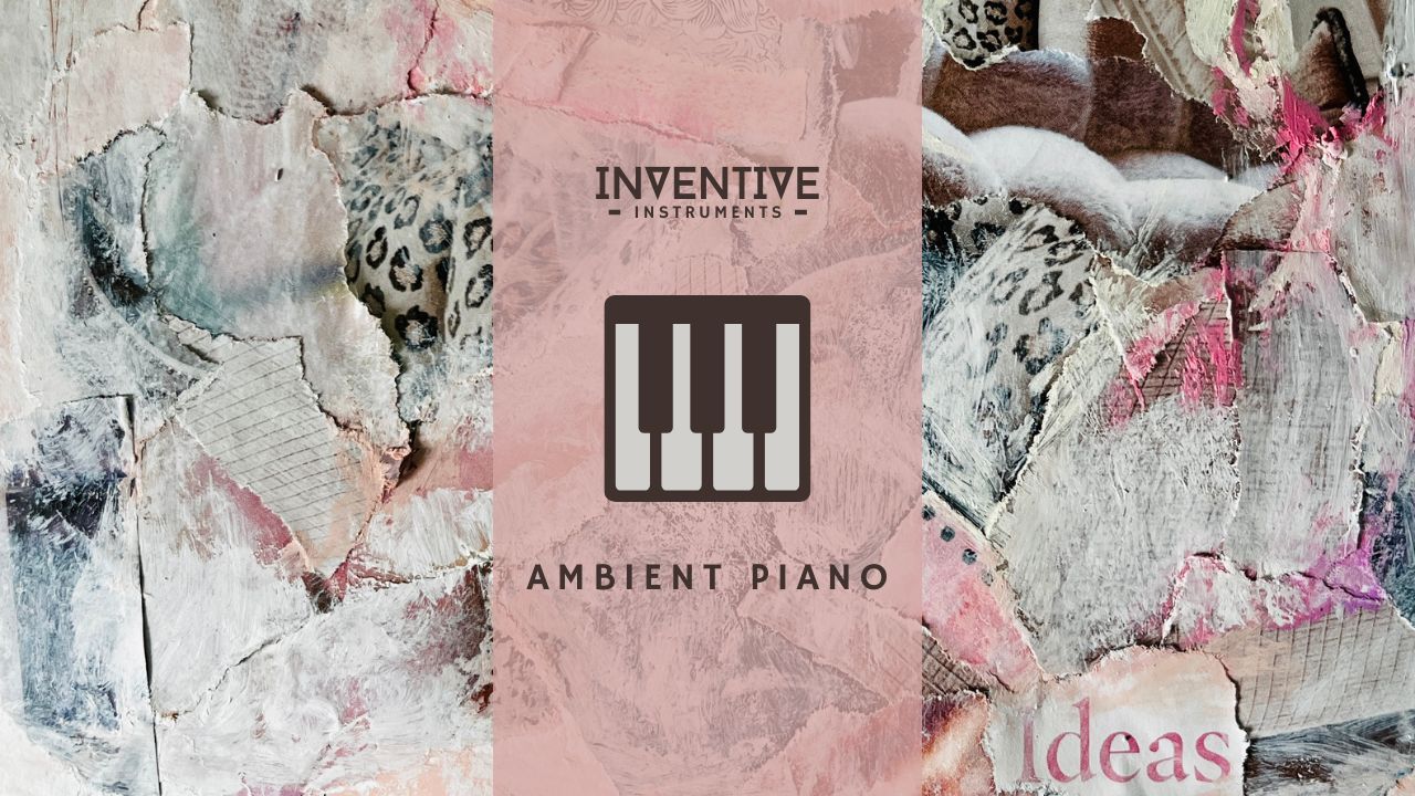 Inventive Instruments Ambient Piano artwork with a piano keys icon over a pink collage background