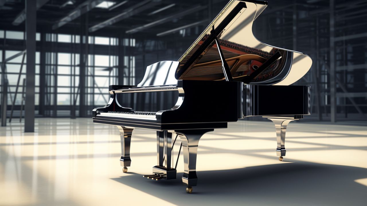 A black grand piano with its lid open in a large, bright modern hall