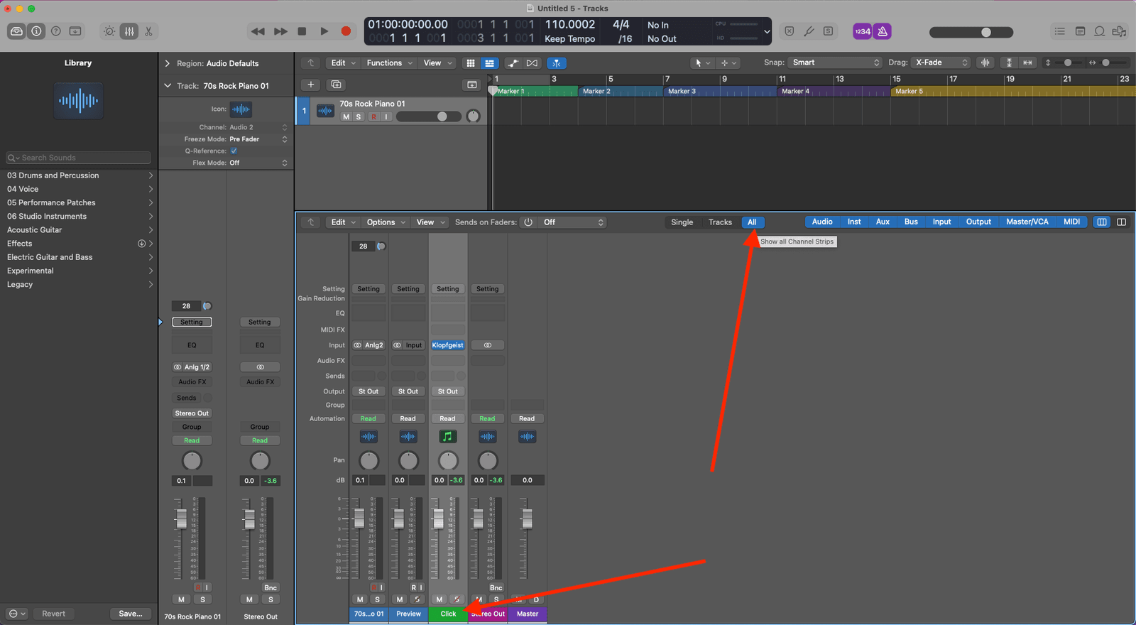 How to Create a Click Track In Logic Pro X - click on All to show all the channels