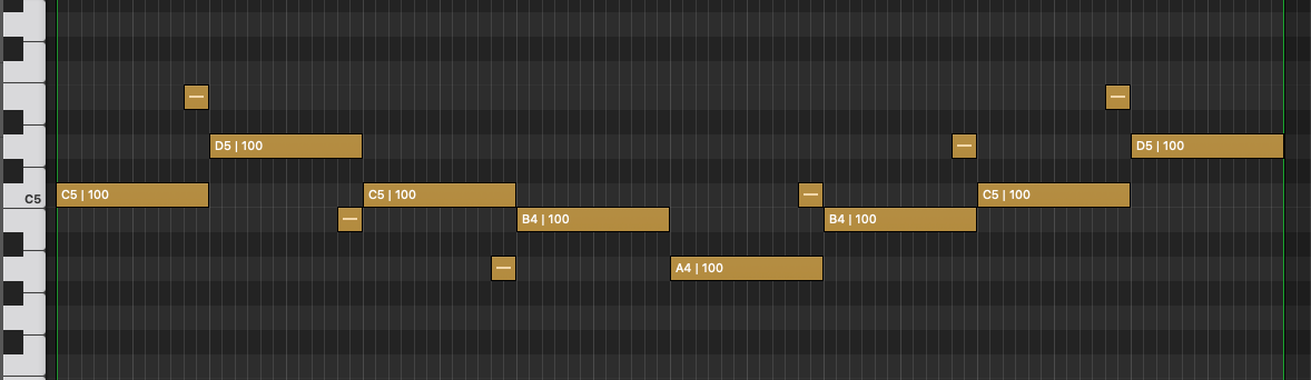 Piano roll melody with short chord tones added just before each main note