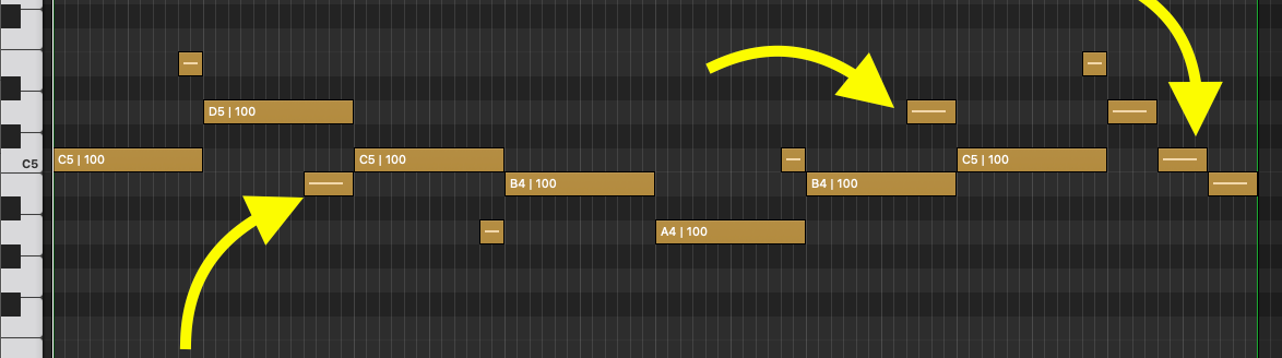 Piano roll melody with arrows marking moved notes and a small descending staircase at the end