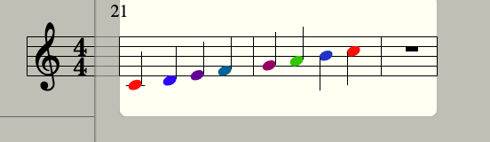 C major scale written on a treble clef stave, with each note in a different colour