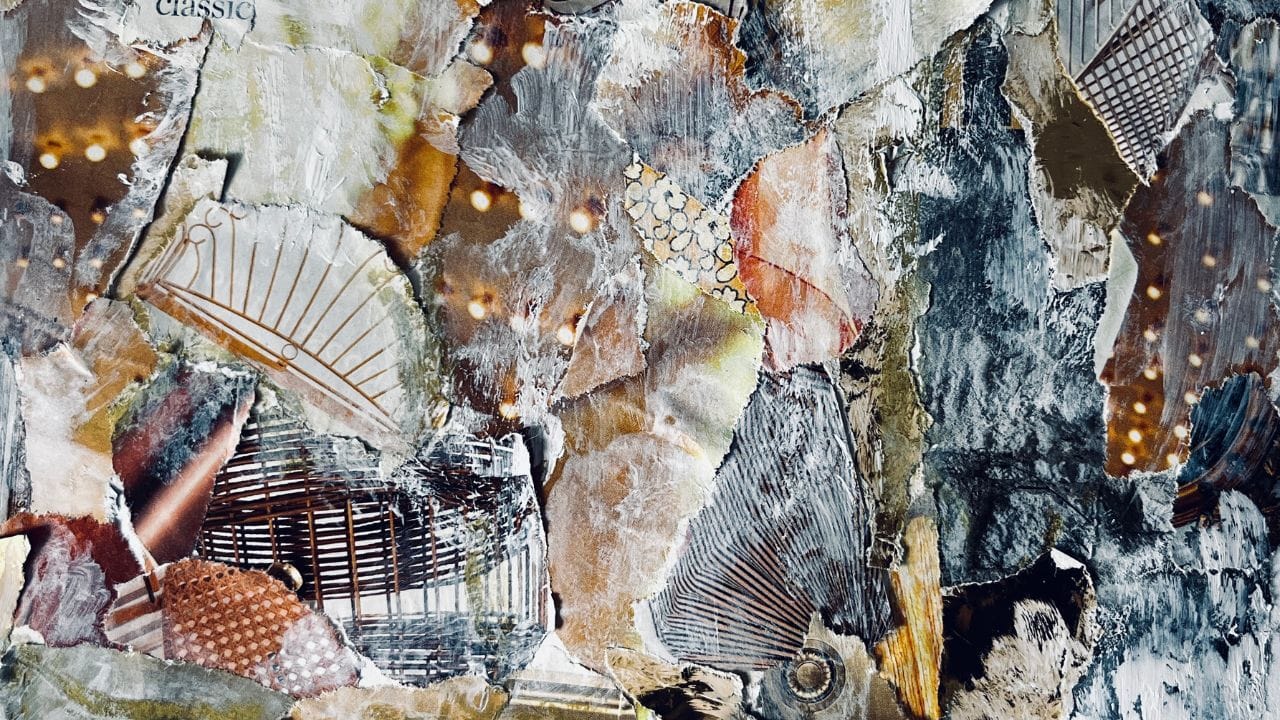Brown, gold and grey mixed-media collage of torn paper, fan shapes and woven textures