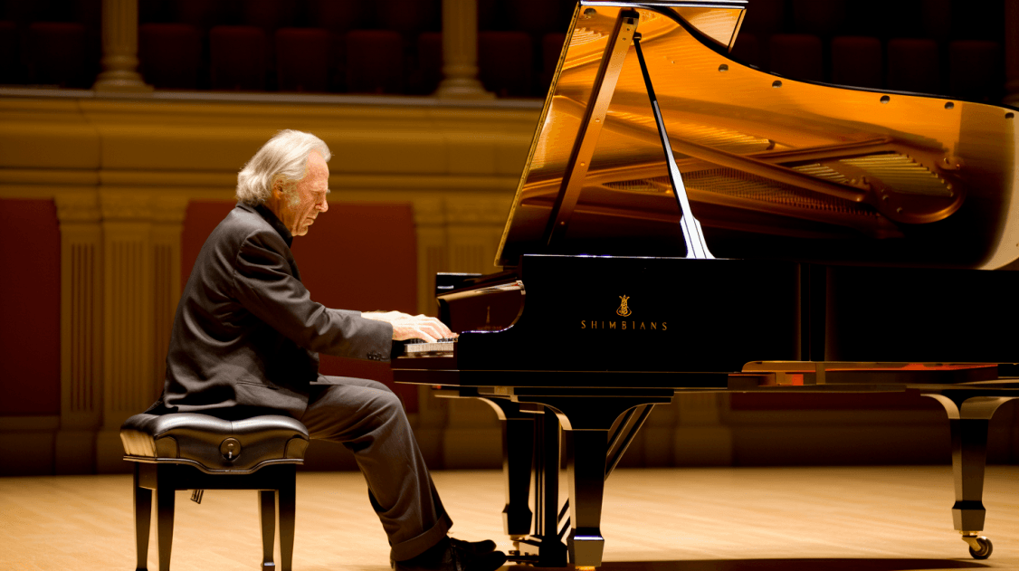 A pianist playing a black grand piano with its lid open in a concert hall