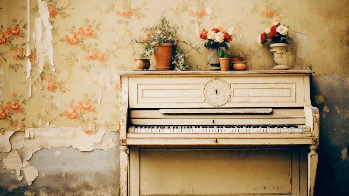 A cream vintage upright piano with flowers on top against a floral wallpapered wall