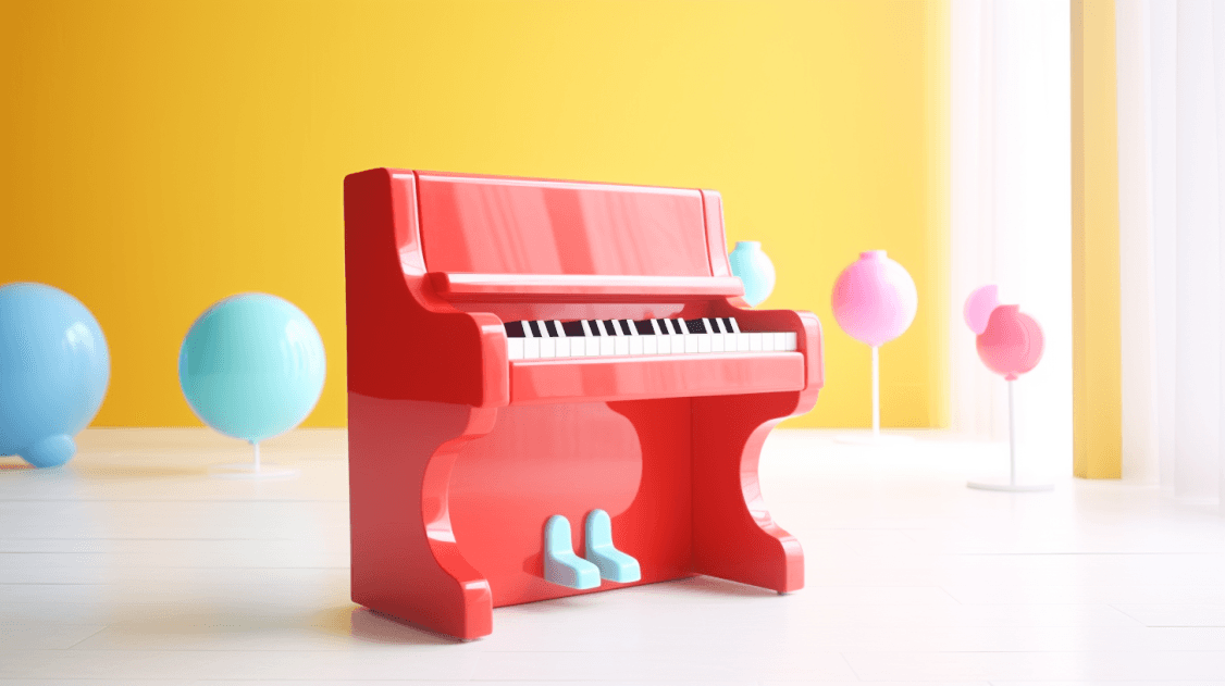 A red toy piano in a bright room with balloons