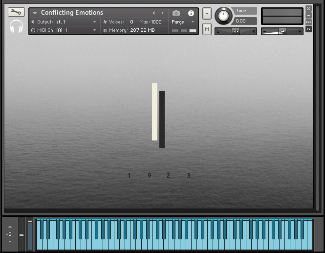 Kontakt instrument window titled Conflicting Emotions with a misty grey seascape interface