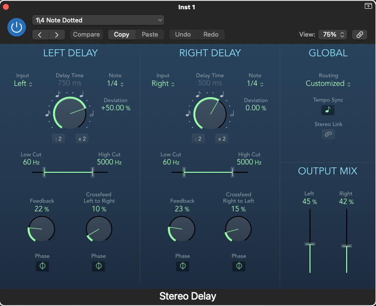 Logic Pro Stereo Delay plugin set to a dotted quarter-note delay to add space and depth