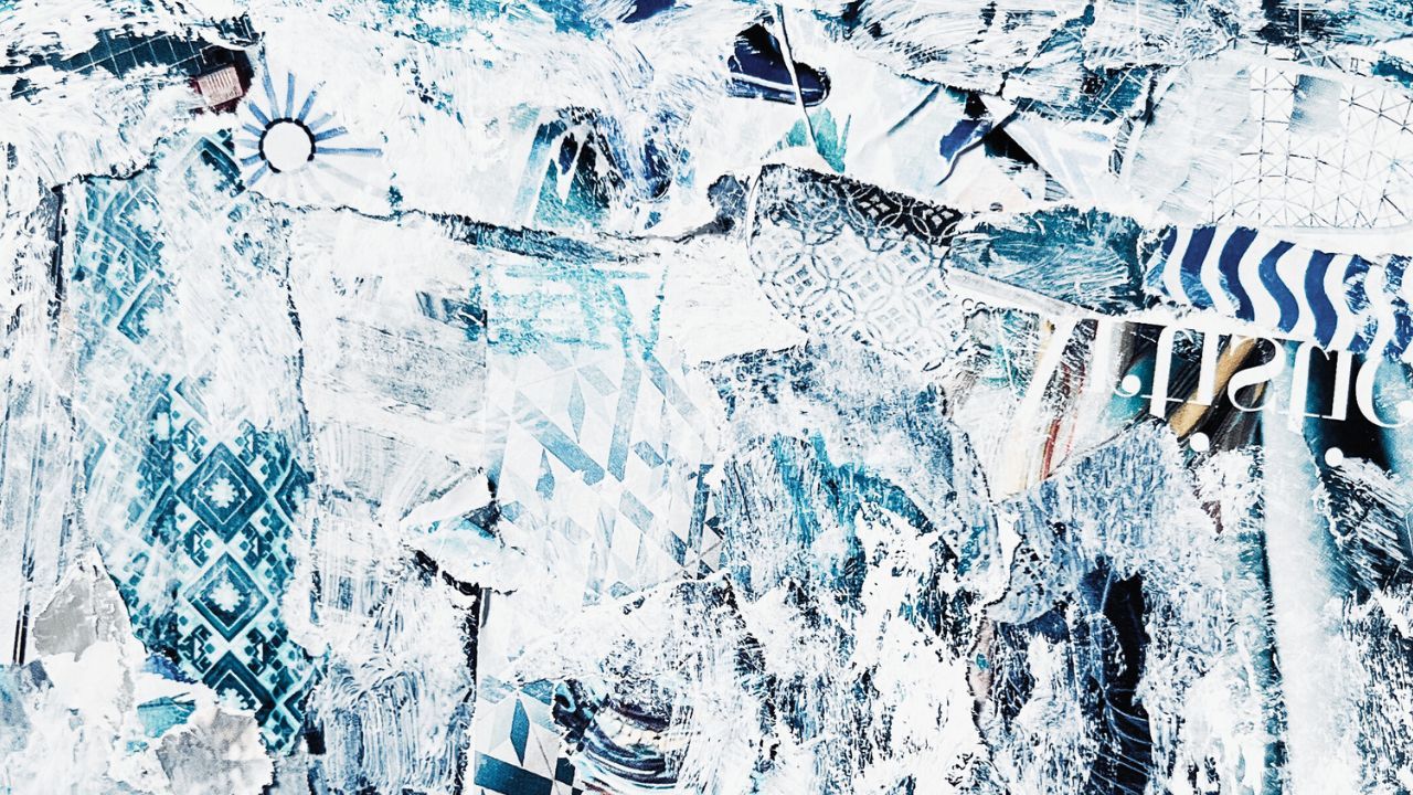 Pale blue and white mixed-media collage of torn patterned paper and brushstrokes