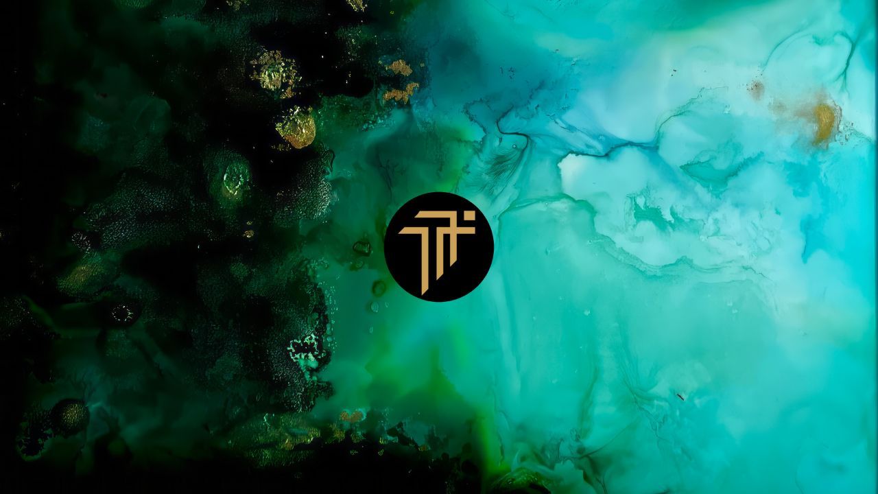 Abstract green and turquoise ink artwork with the gold Trailer Music Monthly logo in the centre