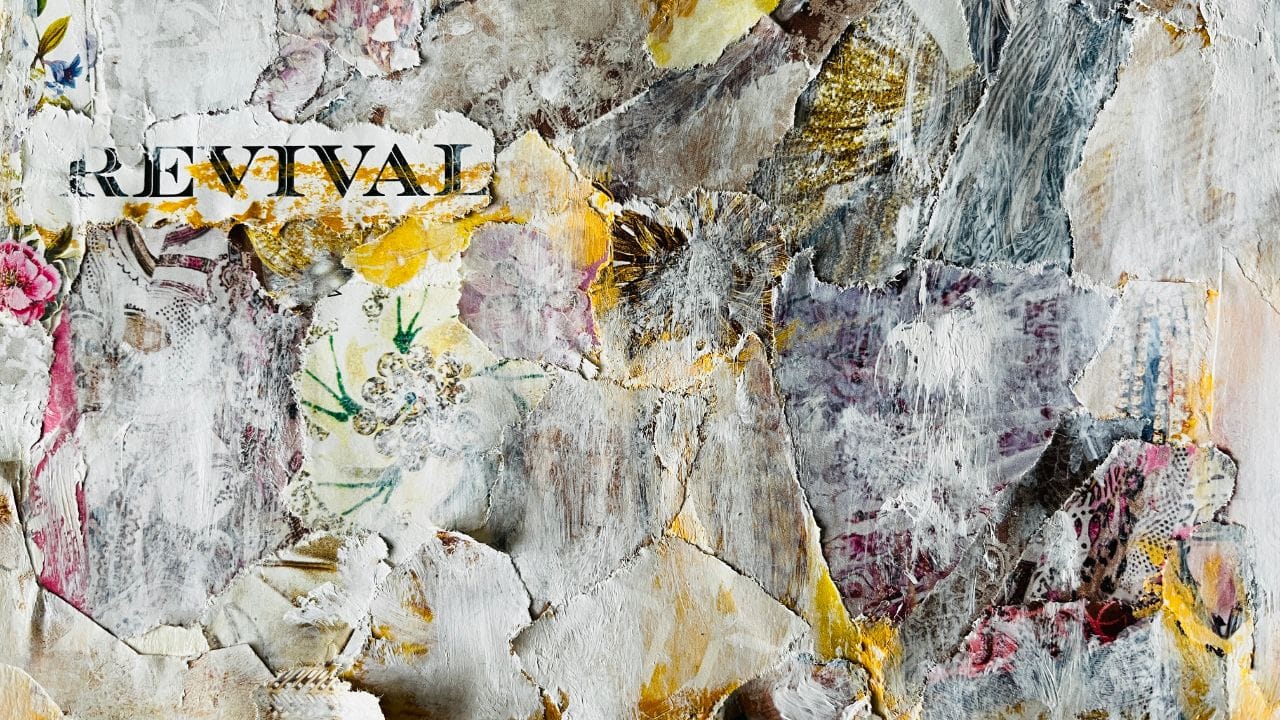 Cream, purple and yellow mixed-media collage with floral scraps and torn text reading Revival