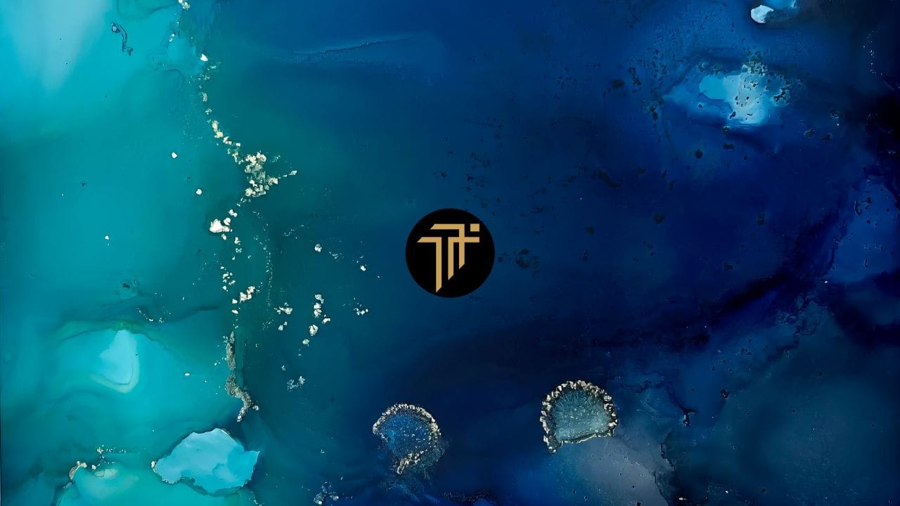 Abstract deep blue ink artwork with the gold Trailer Music Monthly logo in the centre