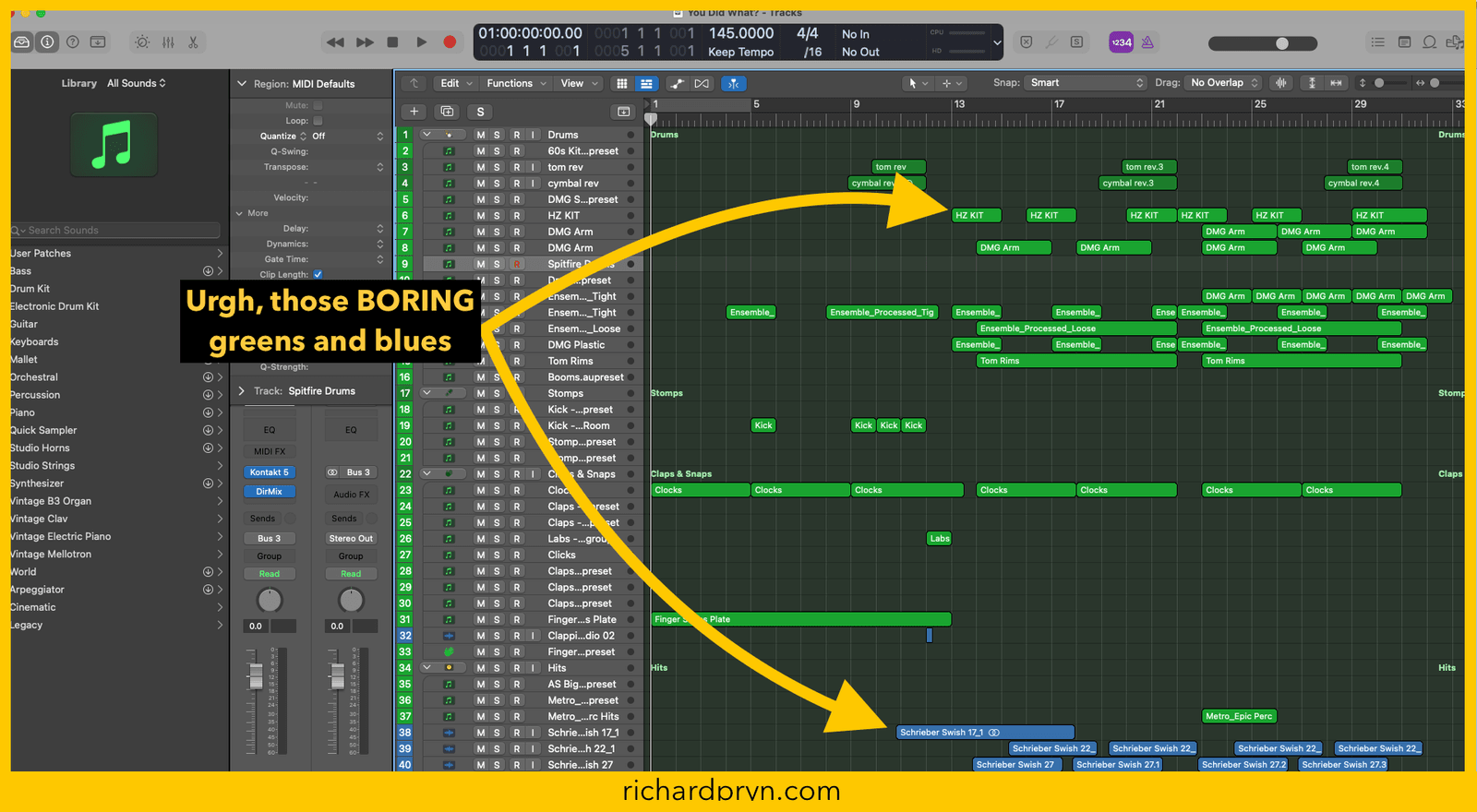 Logic Pro project where every track and region uses only the default greens and blues