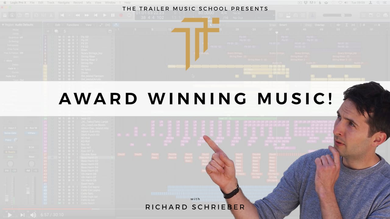 Trailer Music School thumbnail reading Award Winning Music!, with Richard Pryn pointing over a Logic Pro session