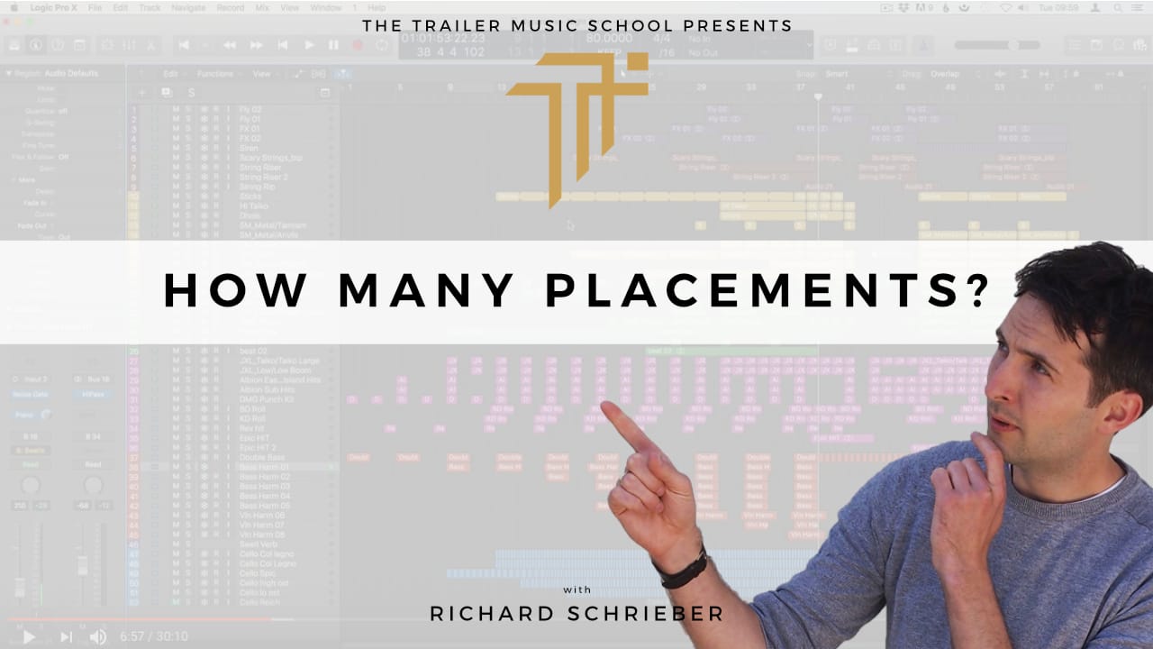 Trailer Music School thumbnail reading How Many Placements?, with Richard Pryn pointing over a Logic Pro session