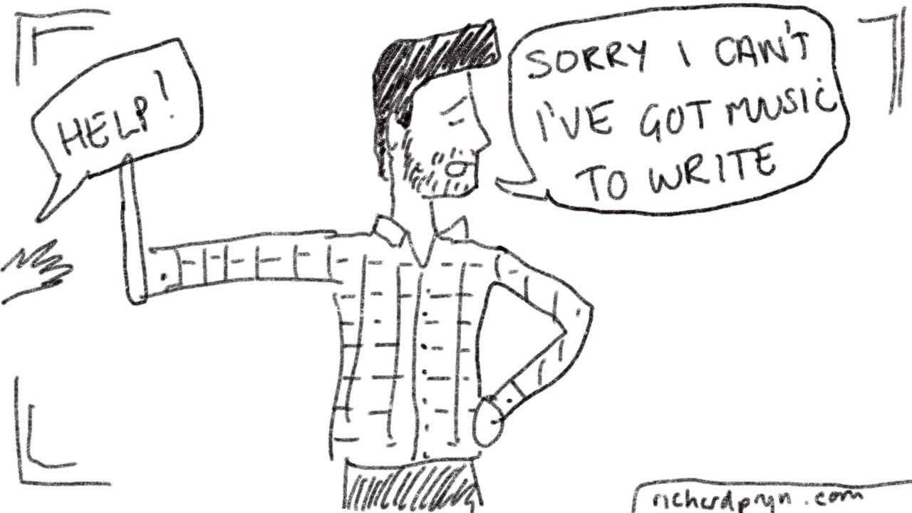 Cartoon of a composer ignoring a cry for help, saying Sorry I can't, I've got music to write