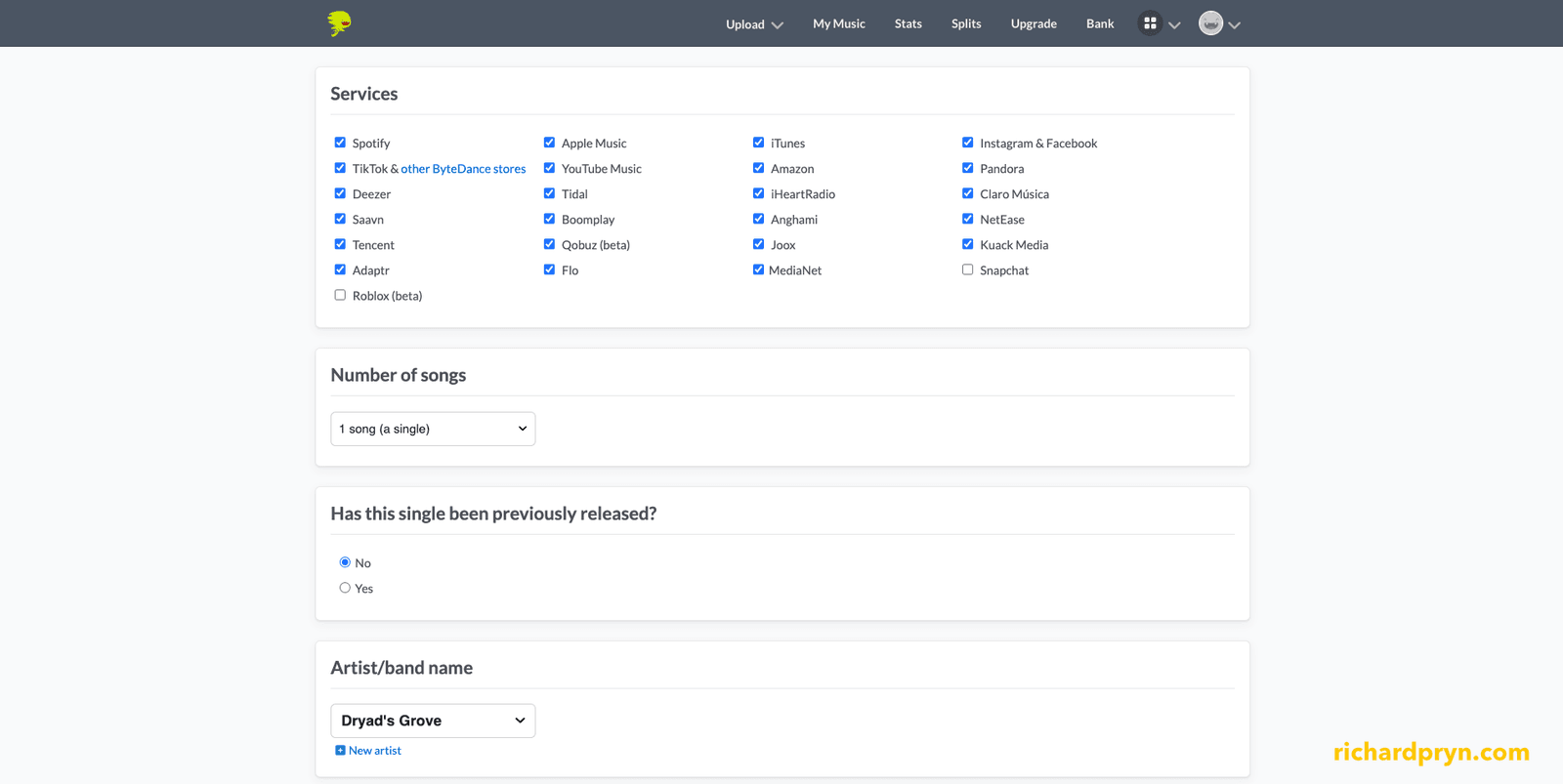 Distrokid upload page with streaming service checkboxes, number of songs and artist name fields
