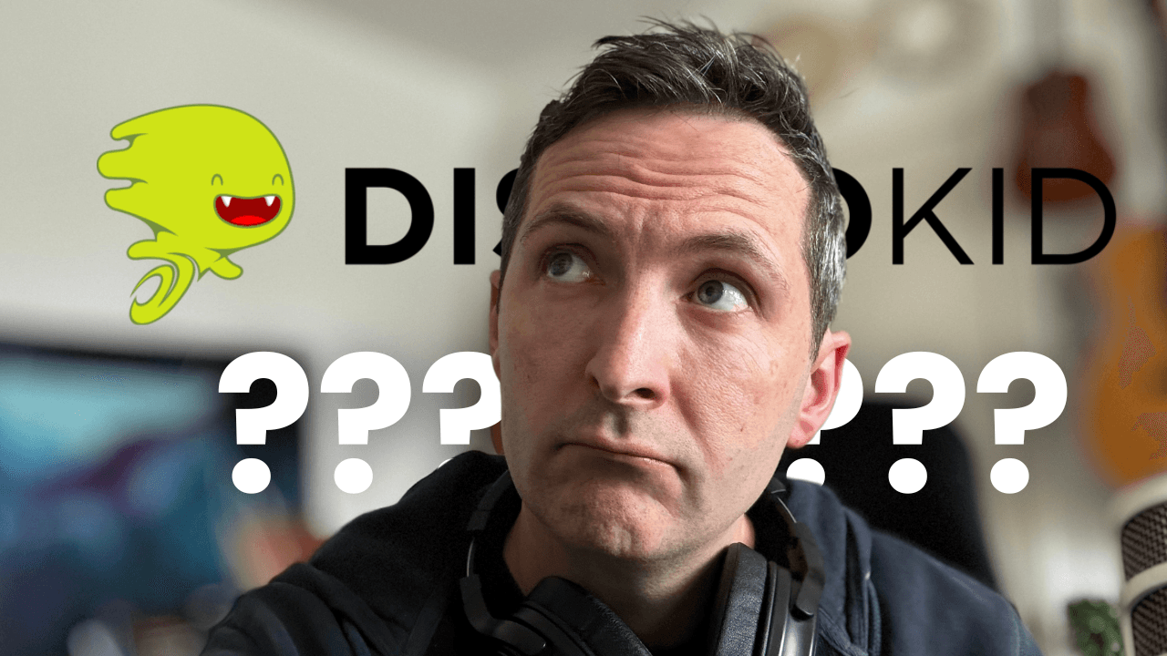 Richard Pryn looking puzzled in front of the Distrokid logo surrounded by question marks