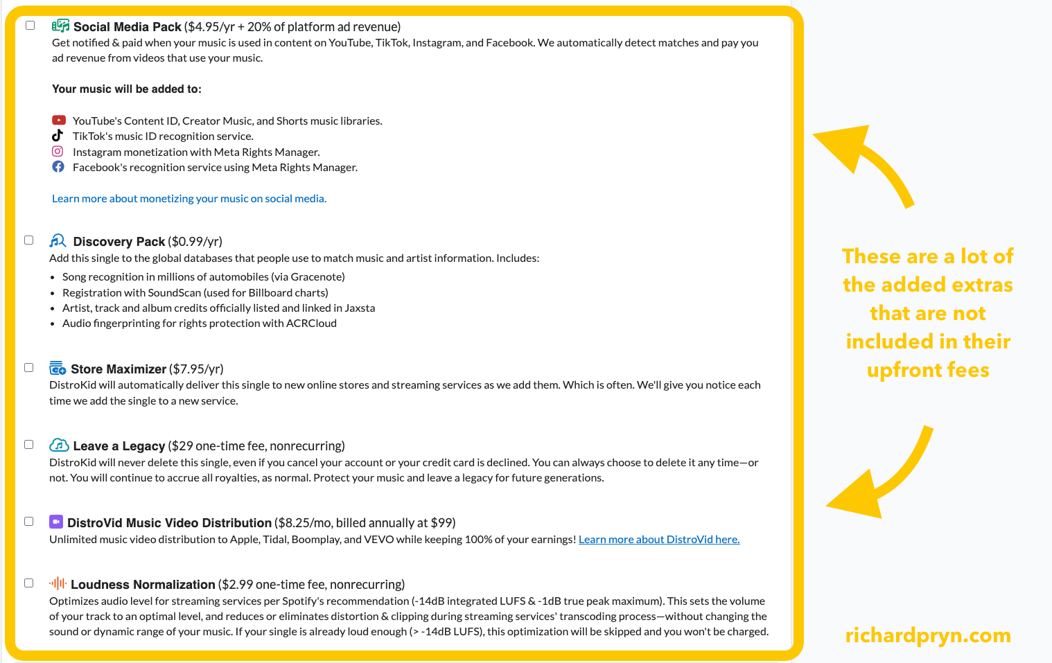 List of optional paid extras in Distrokid, including Social Media Pack, Store Maximizer and Leave a Legacy