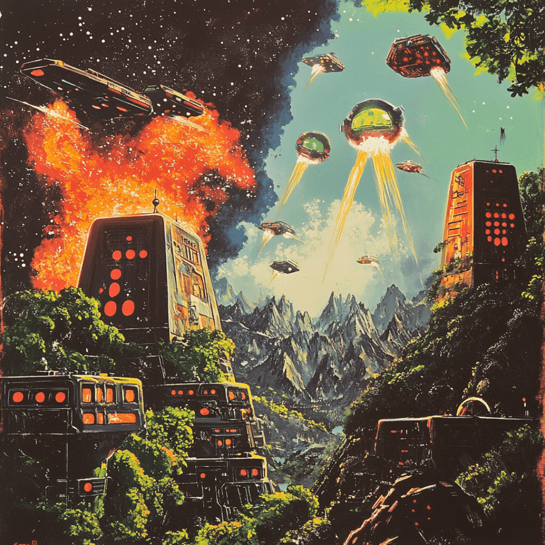 Voidseer album cover: retro sci-fi painting of spaceships over glowing towers, jungle and mountains