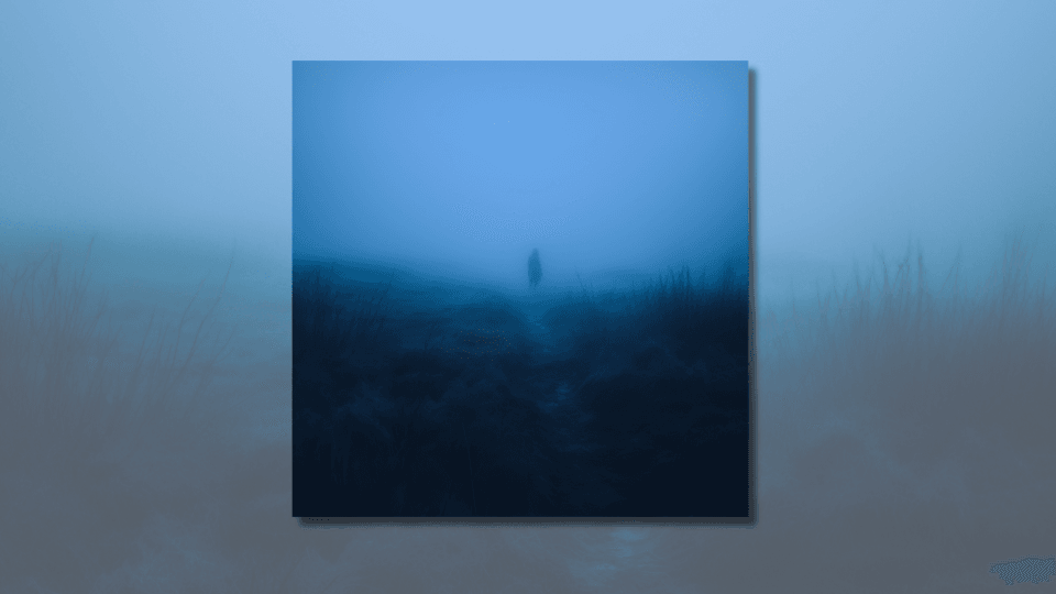 Snowfall in Reverse album artwork of a lone figure in blue fog, set over a blurred copy for a YouTube video