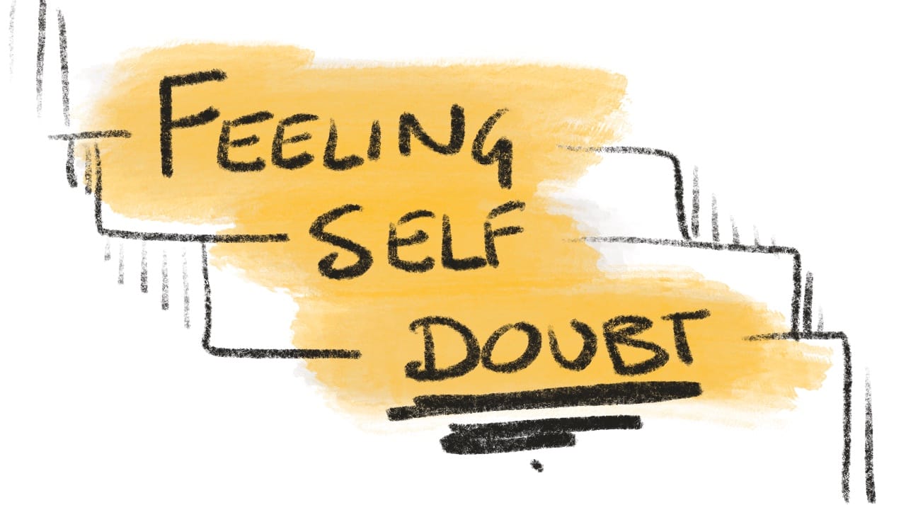 The words Feeling Self Doubt hand-lettered over a yellow brushstroke with sketchy black lines