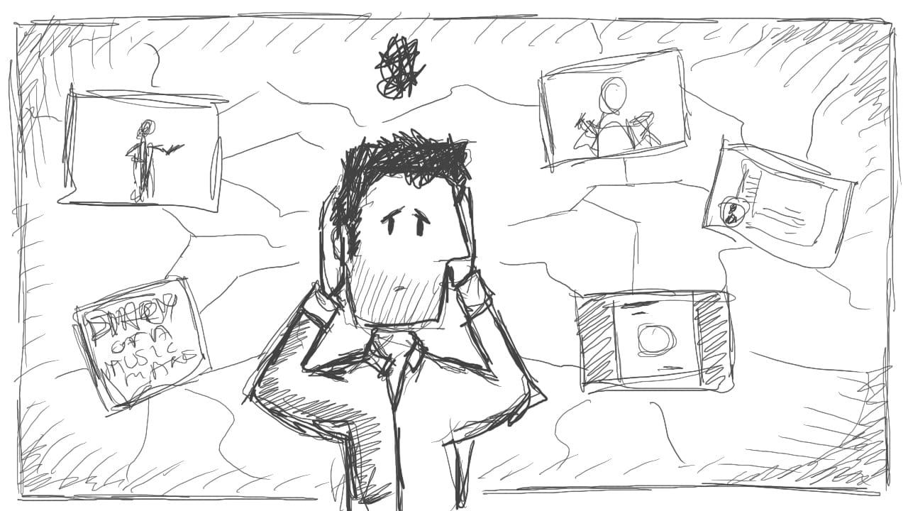 Sketch of a stressed man holding his head, surrounded by floating video thumbnails