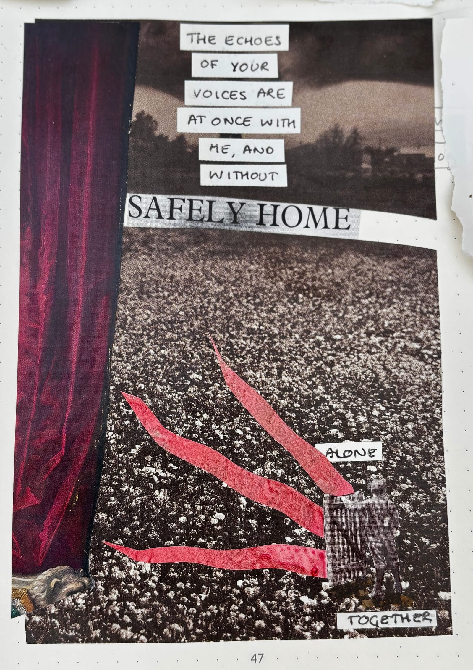 Collage of a red curtain, a flower field and a figure at a gate with cut-out words reading Safely Home