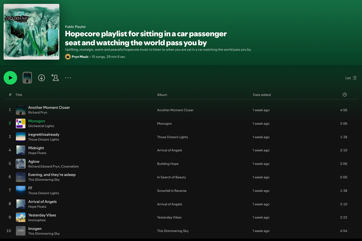 Screenshot of playlist Hopecore playlist for sitting in a car passenger seat and watching the world pass you by