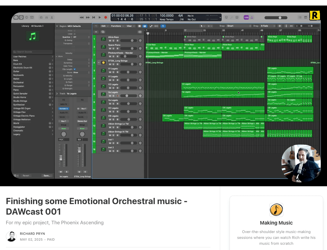 Screenshot of the Making Music section of Richard Pryn's Substack