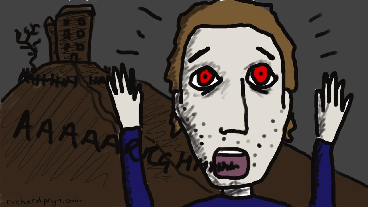 Cartoon of a terrified red-eyed figure screaming in front of an asylum on a hill