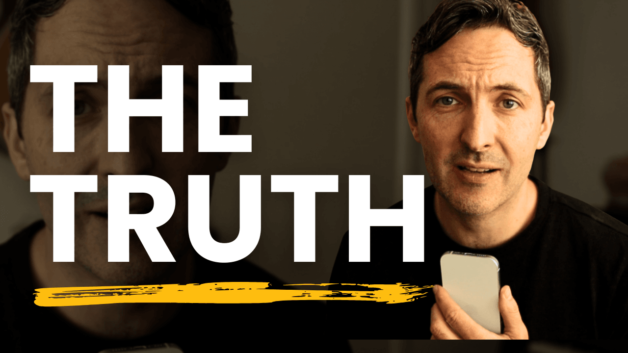 Richard Pryn holding a phone beside the words The Truth in bold white letters with a yellow brushstroke