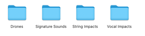 Sample pack folders: Drones, Signature Sounds, String Impacts and Vocal Impacts