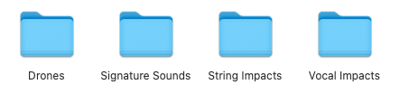 Folders in the free horror sample pack: Drones, Signature Sounds, String Impacts and Vocal Impacts