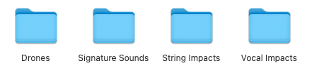 The four folders included in the pack: Drones, Signature Sounds, String Impacts and Vocal Impacts