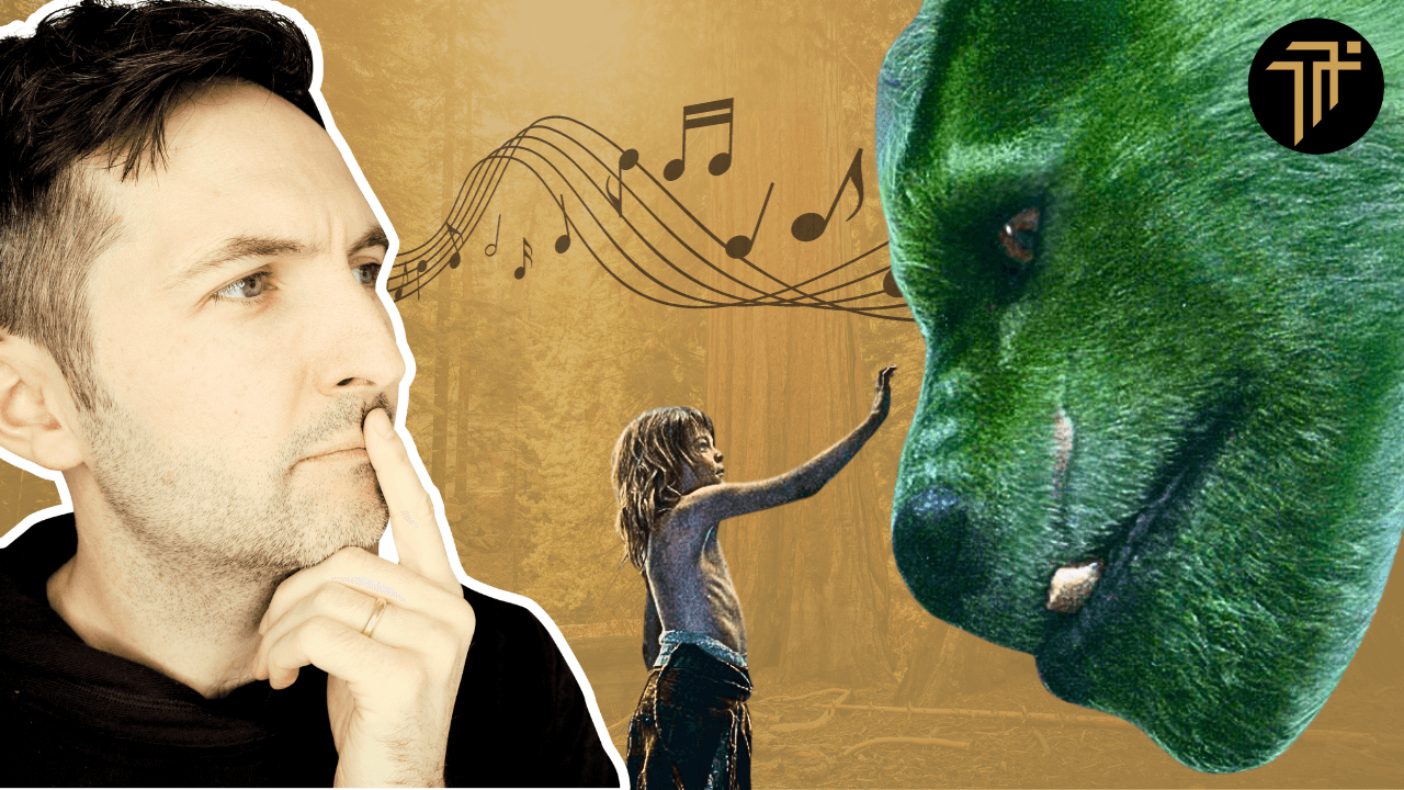 Richard Pryn looking thoughtful beside a boy reaching up to a furry green dragon, with music notes between them