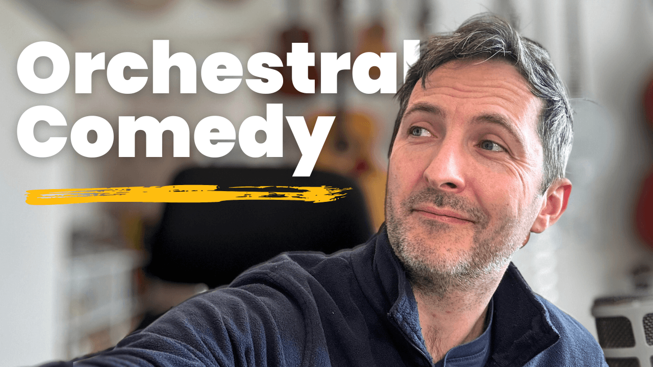 Richard Pryn glancing sideways in his studio next to the words Orchestral Comedy