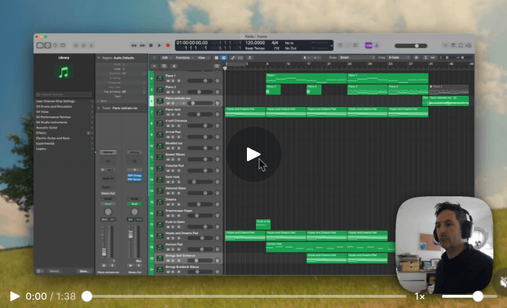 Logic Pro session for a rescored clip, with a webcam inset of Richard Pryn wearing headphones